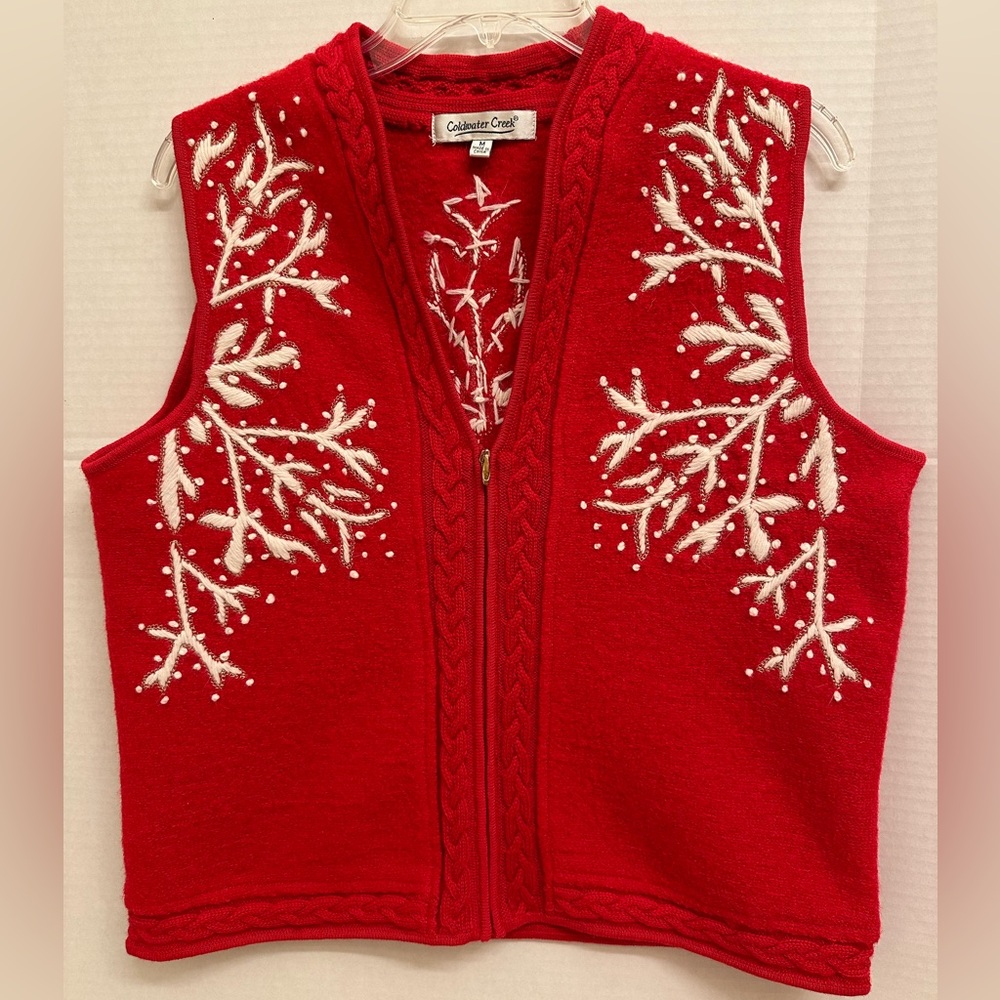 NWOT Сoldwater Creek 100% Wool Holiday Vest Snowflake Embroidered Size M